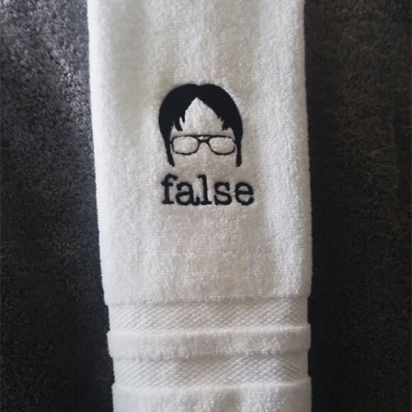Dwight Schrute FALSE embroidered white hand towel for The Office fan (NEW) - Picture 3 of 3